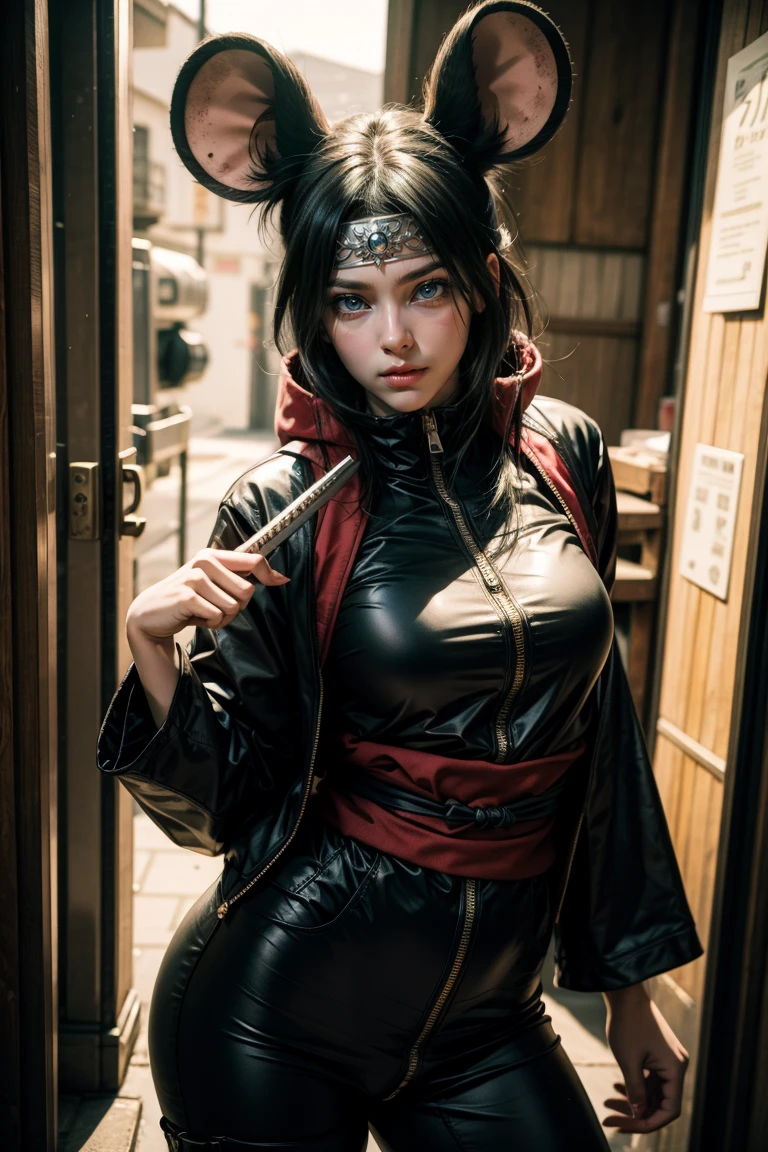 Sexy ninja girl in blue outfit with mouse ears, with a katana, and naruto jutsu hand sign