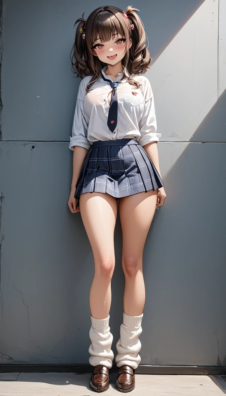 (1girl, sharp focus solo), (full body portrait image:1.4), (Masterpiece, Super photo realistic, Super details, Super Highest Quality, Super Highest photo realistic), super cute and beautiful girl, (erotic atmosphere:1.3), You are a professional photographer Photographing my girlfriend, Very Japanese gal, Wearing navy plaid pleat mini skirt, False eyelashes, Pearl pink glossy lips, Unbuttoned white shirt, (kawaii erotic girl:1.3), (brown eyes:1.4), big round chest, (Wider at the hem flabby large in size Super Loose long Socks:1.4), (loafer), (An innocent 16-year-old cute Japanese girl:1.4), (skin fang:1.4), Very happy smile, Extremely Realistic, open mouth, half close eyes, slim waist, (tanned skins:1.4), slim beautiful legs), a girls incoming, black pupils, dark brown color hair style, high school gal, (torogao:1.4), dark brown hair color, two side up hair style, hair pin, (cute Asian gal:1.4), (wide stans legs standding:1.4), white bangs, shirt out over on skirt, super slim beautiful thigh legs, black long loose necktie,