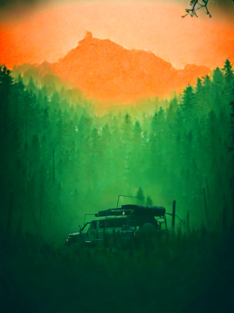 A rugged orange 4x4 vehicle drives through a muddy, rocky path in a lush, green jungle. Rain is falling, and the vehicle is covered in mud. The image is framed by tall trees and mountains in the distance. Write without spelling mistake, The text "ONE LIFE LIVE IT" is superimposed on the image.The mood is adventurous and exciting. The style is realistic and cinematic, with a focus on the vehicle and the natural beauty of the surroundings. The image is shot from a low angle, emphasizing the size and power of the vehicle. The lighting is soft and natural, with a focus on the rain and the lush greenery. The colors are vibrant and saturated, with a focus on the orange of the vehicle and the green of the jungle. The image is rendered in high detail, with a focus on the texture of the mud and the leaves. The background is blurred, drawing the viewer's attention to the vehicle and the path ahead.