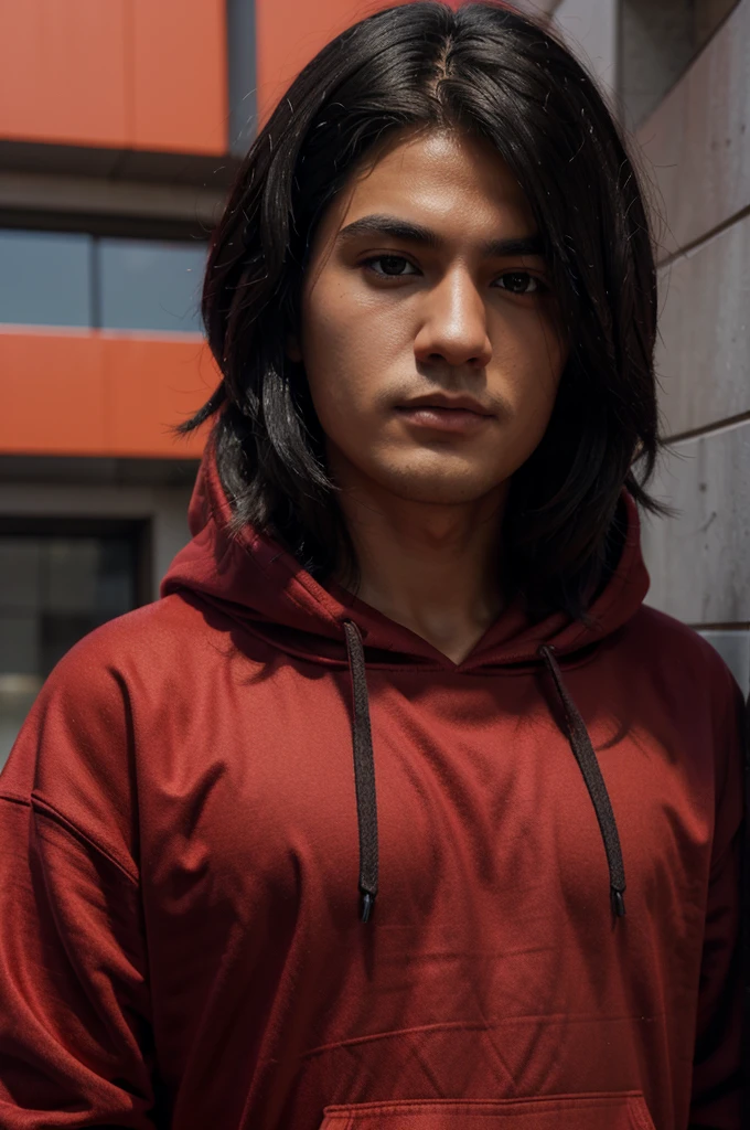 make minecraft fanart, a guy black hair wearing a red hoodie, background render, size 1280×128