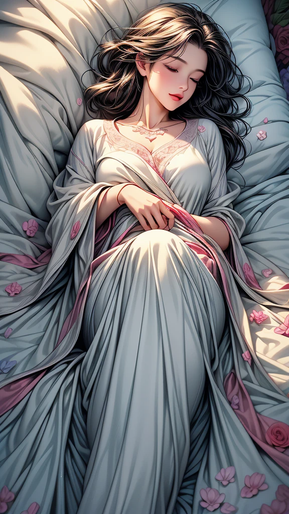 (masterpiece:1.4), (high-quality, high-definition, high-resolution), Realistic style, (primary warm vivid color palette),a beautiful woman closed eyes,wears warm pajamas, huddled under blanket of thousands colourful flowers in bed of thousands colourful flowers too in room full with colourful flowers, (wrapped in a blanket made of thousands colourful flowers), (richly drawn and delicate)