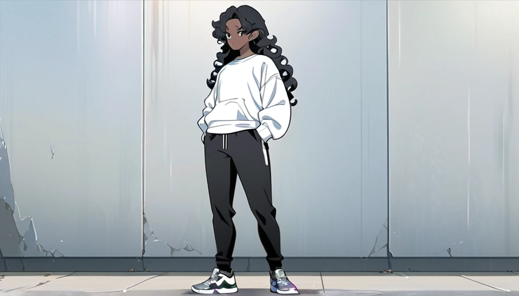 anime art style, dark elf, African skin, black hair, Curly hair, long hair, black eyes, ((man)), athletic body, Black jeans, white sweatshirt, hands in pockets and gradient sneakers, full body