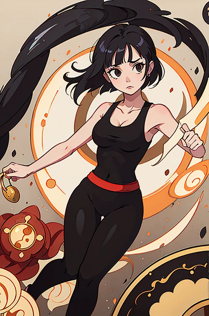 1 female, One piece art style, short girl, realistic lips, hourglass figure, leggings, bowl cut, black hair arms, hourglass figure, white eyes, red glass, in an apartment, sigh, best quality.
