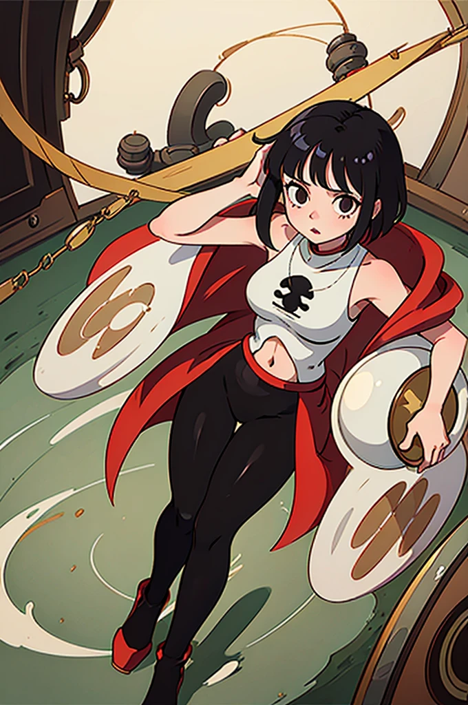1 female, One piece art style, short girl, realistic lips, hourglass figure, leggings, bowl cut, black hair arms, hourglass figure, white eyes, red glass, in an apartment, sigh, best quality.