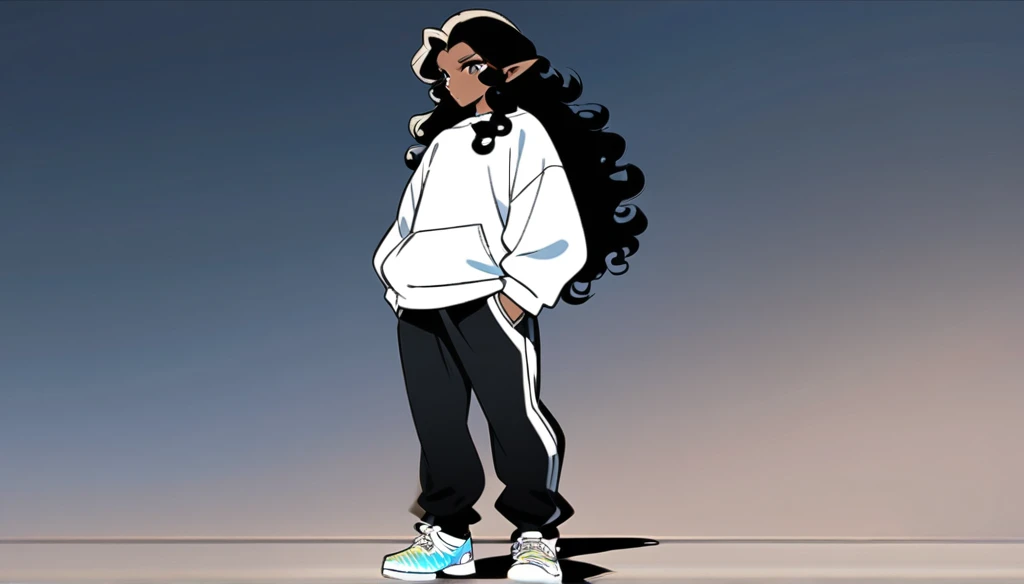 anime art style, dark elf, African skin, black hair, Curly hair, long hair, black eyes, ((man)), athletic body, Black jeans, white sweatshirt, hands in pockets and gradient sneakers, full body