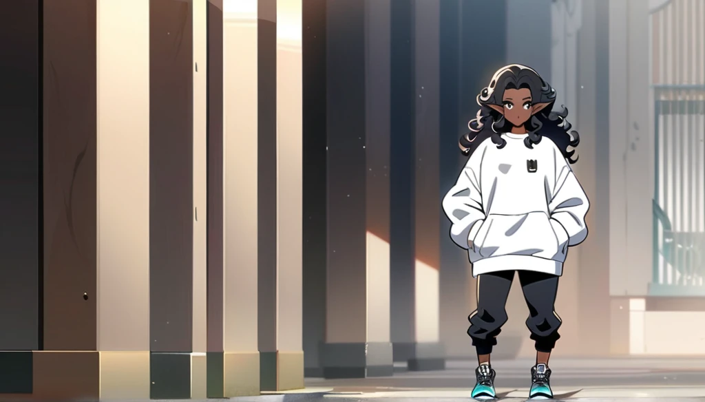 anime art style, dark elf, African skin, black hair, Curly hair, long hair, black eyes, ((man)), athletic body, Black jeans, white sweatshirt, hands in pockets and gradient sneakers, full body