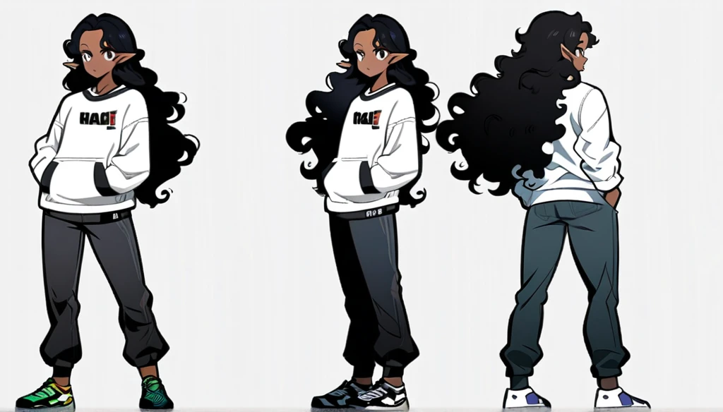anime art style, dark elf, African skin, black hair, Curly hair, long hair, black eyes, ((man)), athletic body, Black jeans, white sweatshirt, hands in pockets and gradient sneakers, full body