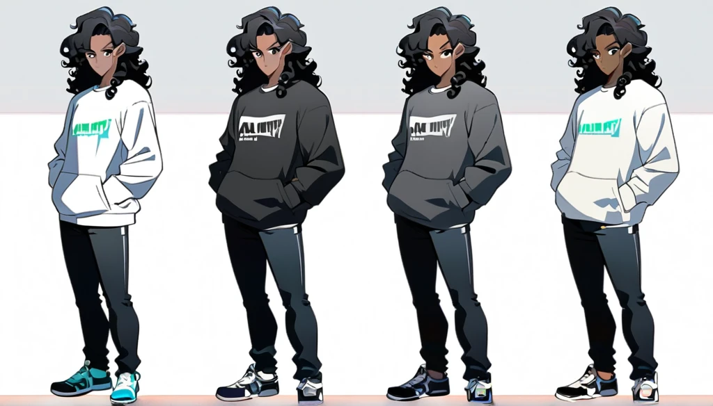 anime art style, dark elf, African skin, black hair, Curly hair, long hair, black eyes, ((man)), athletic body, Black jeans, white sweatshirt, hands in pockets and gradient sneakers, full body