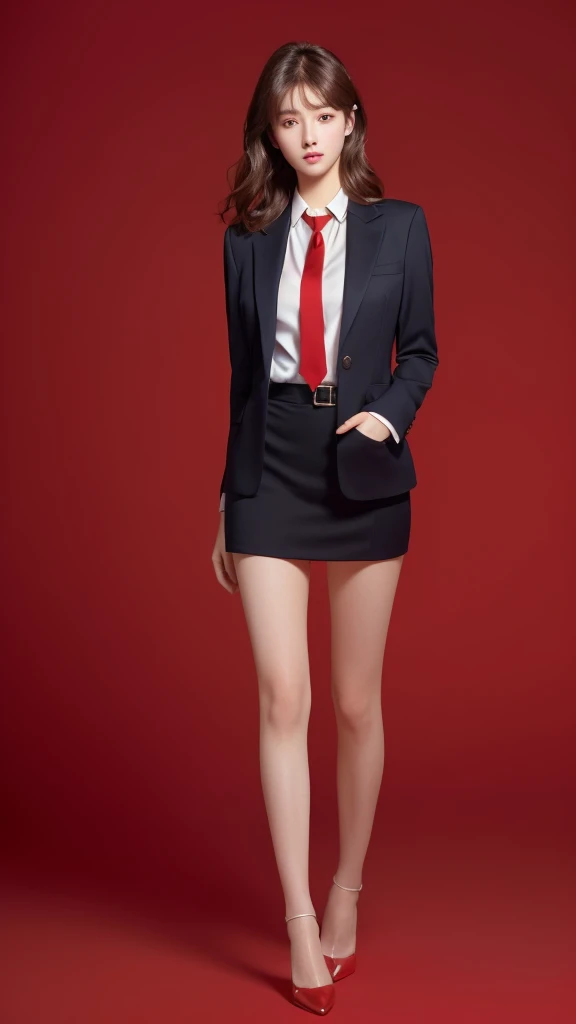 Best quality, high detail, high resolution, HD, 16k, short brunette girl front full body closeup, in a suit and tie, super clear, flawless delicate face, beautiful, delicate and clear eyes, neat and clean uniform, Slim build,real and detailed clothing texture, looking at screen, simple simple background, red background,