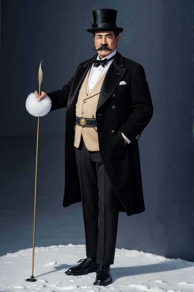 Man dressed in a penguin tail jacket, a bow with a sapphire in the center, a monocle, an imperial mustache, black pants, moccasins, and a black bowler with 3 feathers on each side and attached to the hat band