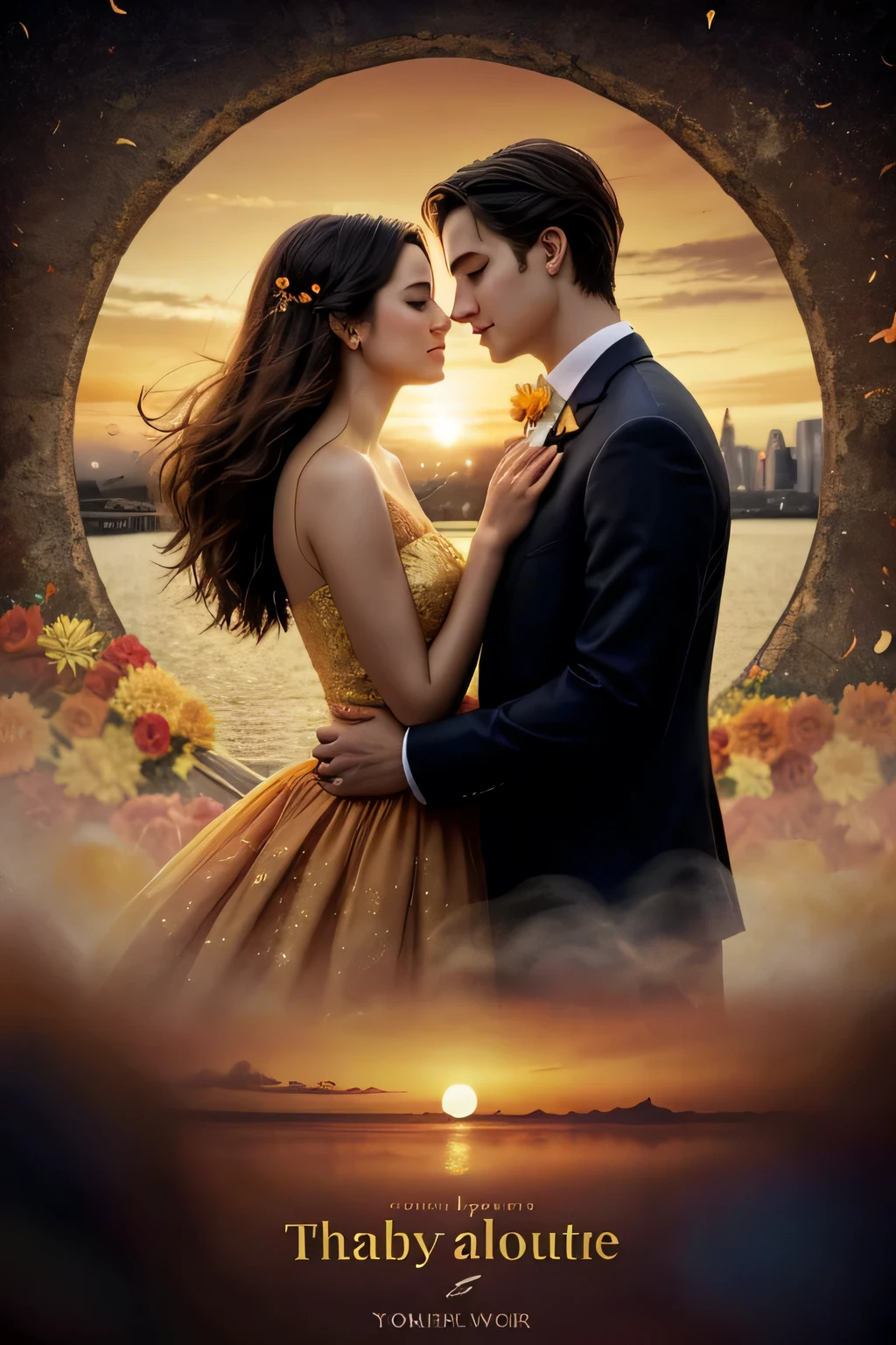 - A blurred background with warm colors like orange and gold, evoking a sunset.
- In the middle, a silhouette of a couple hugging, surrounded by flowers and petals floating in the air, suggesting fragrances.
- Maybe some elements like old perfume bottles or a city in the background to give a romantic and nostalgic touch.
- The title in an elegant, cursive font, with a texture reminiscent of an old romance book.