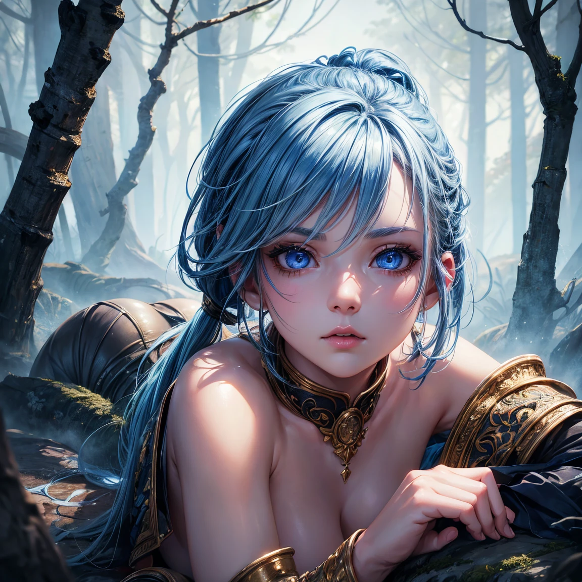 a young girl!, 1girl, light blue short ponytail hair, light blue hair!!, very small breasts!!!, small breasts, blue eyes, she nude, penis instead of a pussy, full body, full body, ghost forest, incredibly sexy body, detailed face, beautiful detailed eyes, beautiful detailed lips, extremely detailed eyes and face, long eyelashes, intricate details, detailed clothing, intricate details,highly detailed, photo realistic, 8k, best quality, masterpiece, cinematic lighting, dramatic lighting, vibrant colors, fantasy, digital art, concept art