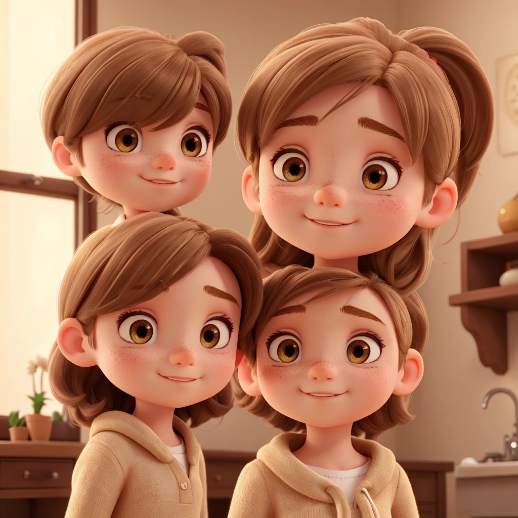Girl round head and a little childish very effeminate freckles and elegant clothing beige brown hair