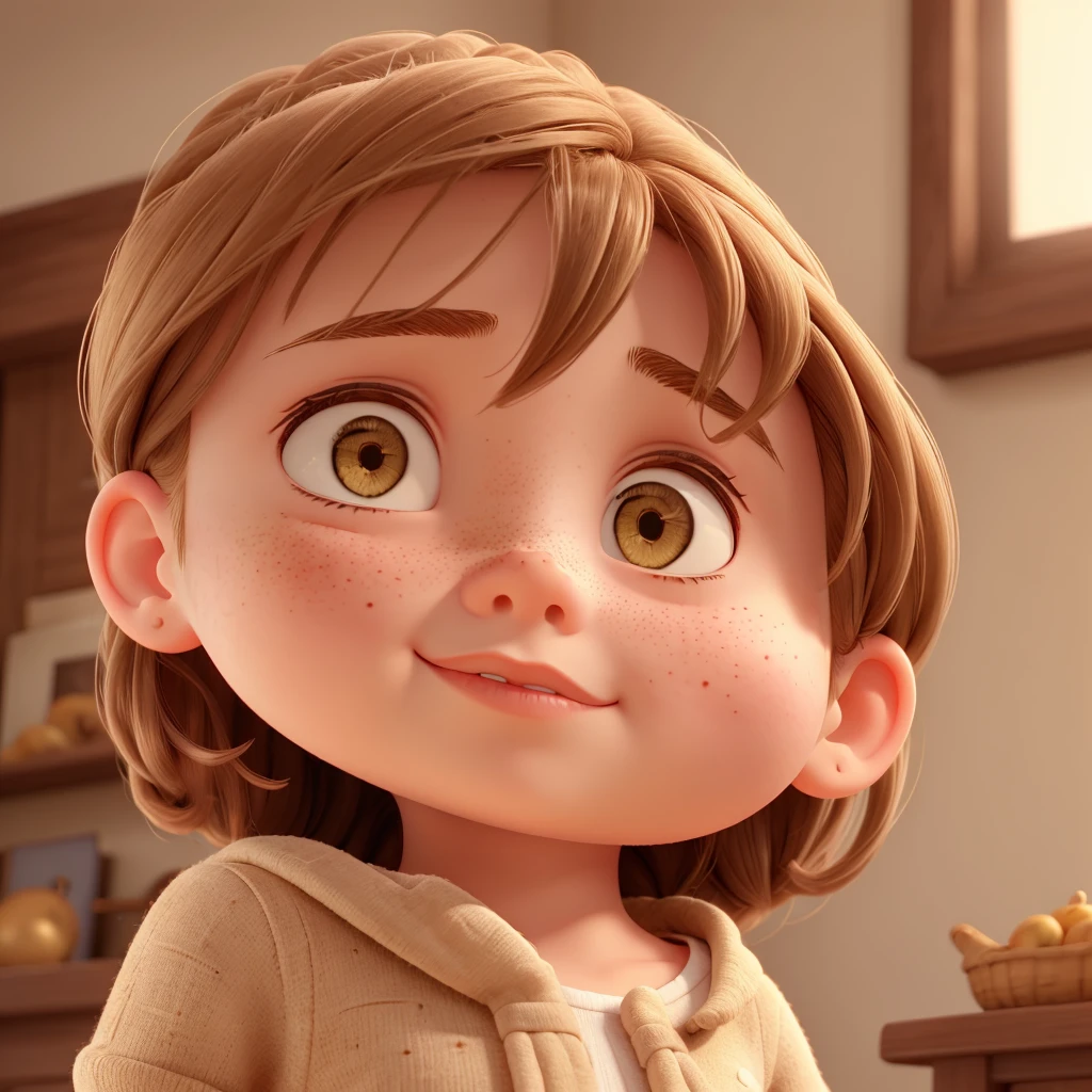 Girl round head and a little childish very effeminate freckles  and elegant clothing beige brown hair

