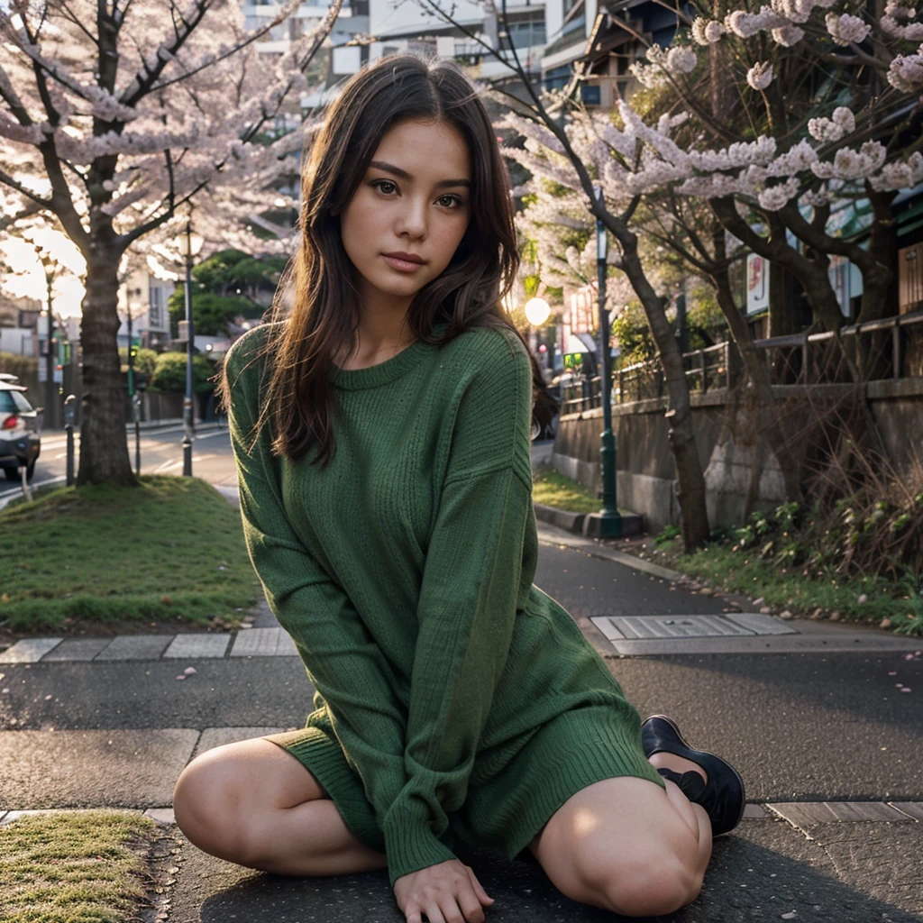 Female supermodel. Green sweater. Sitting in the middle of road. Dim, soft lighting. Sunset. Meguro River Cherry Blossoms Promenade, Tokyo, Japan.
