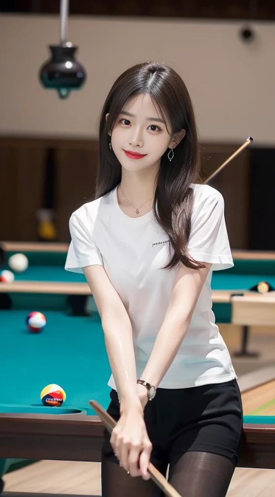 (One student 1.5),(true to life,Photorealistic 1.5),((best qualtiy, 8K, tmasterpiece:1.3)),SLR camera (double eyelid,largeeyes:1.3),(smile1.5),(Full body photo 1.5)(One person 1.5)Clear focus 1.2, Perfect body beauty:1.4 , Delicate skin1.1,(Short black hair 1.6),(Fashion watch 1.4),(Pure desire 1.3)(Black pantyhose 1.5)(The leg length is one meter two,1.5),White shirt,tiese, slim and short pants,With earrings,bangle, (she is Playing billiards with a number of man : 1.4), in the pool hall