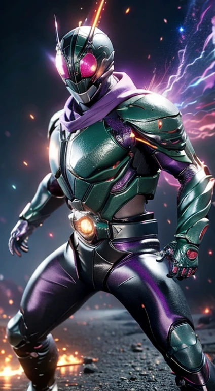 (kamen rider, (close up punch to viewer), full body detailed, detailed hands, good fingers, good hands, good legs, scarf, low hood, Fighter, ruins, floating, explosion, debris, some fire and glitter background, ((purple glowing core in armor)), ultra hd, ultra realistic texture, (flare lens:1.2), (long shot:0.9)