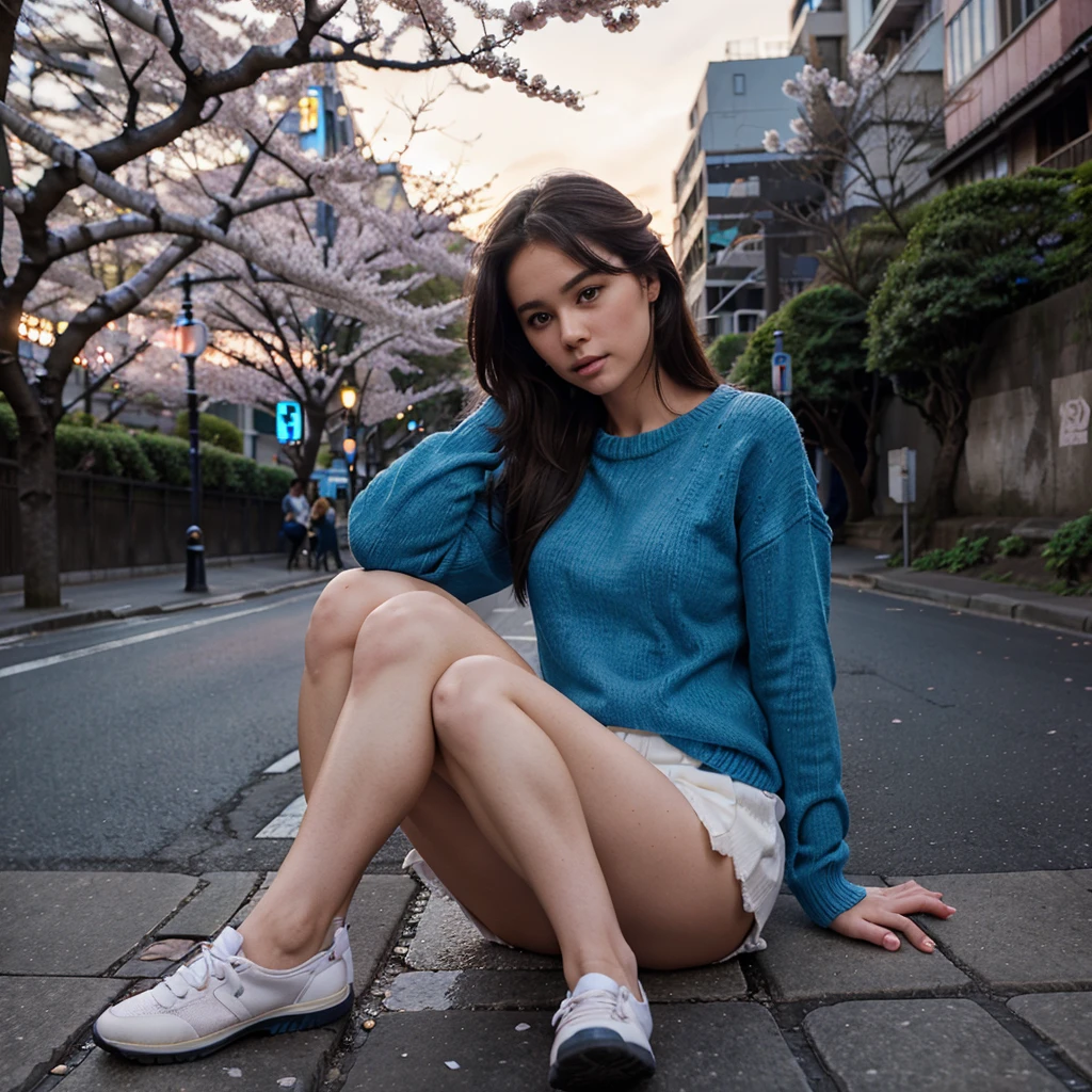 Female supermodel. Blue sweater. Sitting in the middle of road. Dim, soft lighting. Sunset. Meguro River Cherry Blossoms Promenade, Tokyo, Japan.