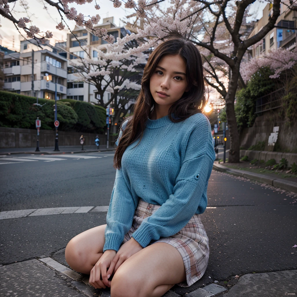 Female supermodel. Blue sweater. Sitting in the middle of road. Dim, soft lighting. Sunset. Meguro River Cherry Blossoms Promenade, Tokyo, Japan.