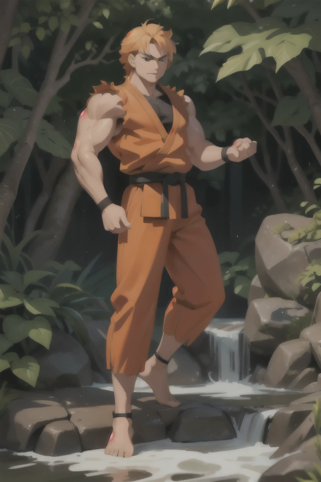 RyuSaka,1guy,muscular:1.2,muscular arms,orange dougi,orange pants,black belt,masterpiece,highness,perfect face,perfect picture,detailed eyes,sharp focus,fighting stance,at the waterfall,