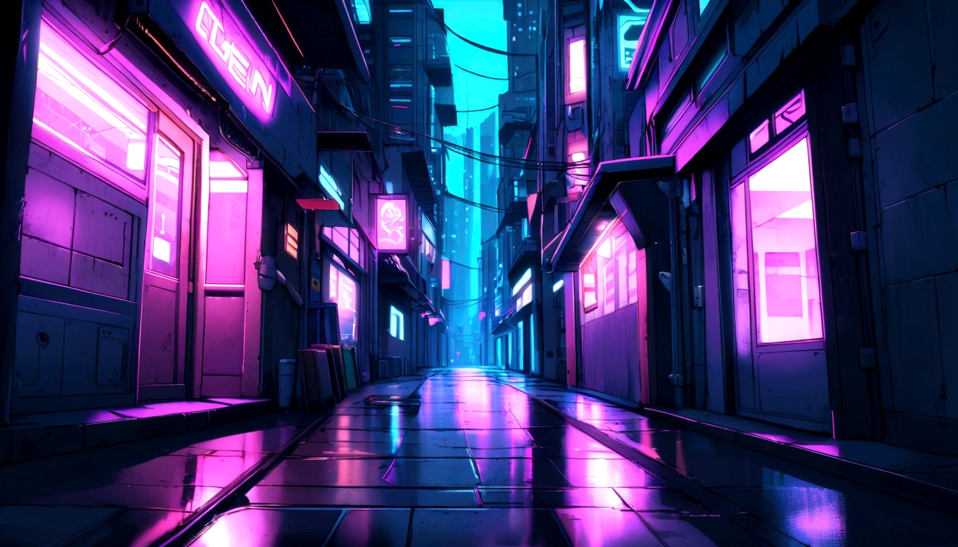 Futuristic city alley, neon streets, cyberpunk style without people just houses and cars
