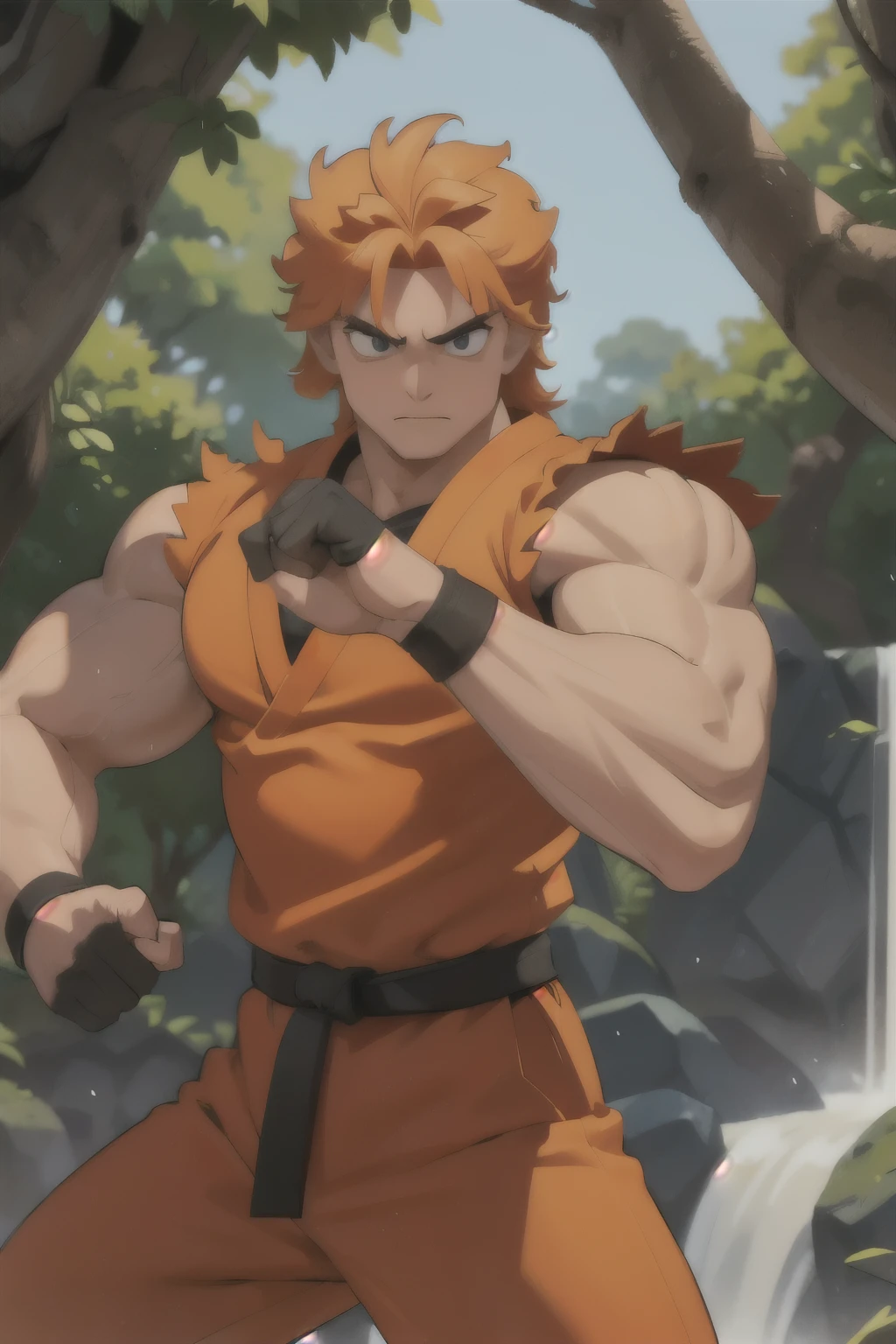 RyuSaka,1guy,muscular:1.2,muscular arms,orange dougi,orange pants,black belt,masterpiece,highness,perfect face,perfect picture,detailed eyes,sharp focus,fighting stance,at the waterfall,