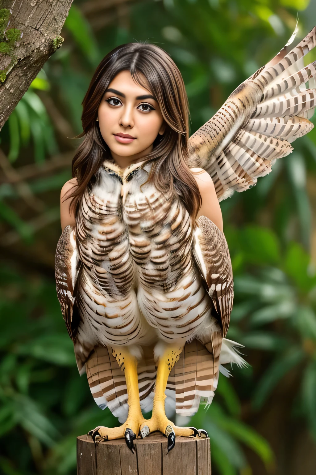 Hansika Motwani is a owl bird, She is a bird but her head looks like girl, from neck to full body looks like owl bird. Owl legs, Owl wings. Bird body, Owl body,   perfect picture, perfect bird, real bird, Real head replace with real Owl head. Exact Bird. Colorful Owl.