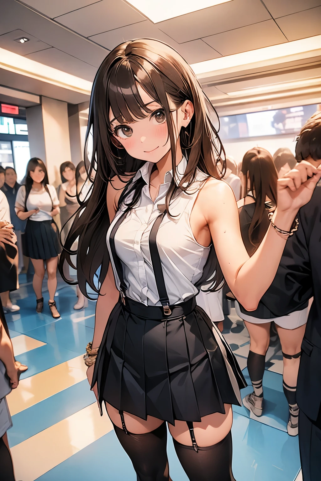 Brown Hair、Looking at the audience　　suspenders　　　bulging big breasts　　 　 　　　　Black mini skirt　garter belt　Knee-high socks　　　　　　sight　　　Small face　bangs 　　　　　beauty　　Show your hand　　 　sight 　Black boots 　Taunt　　Armpit sweat　One person 　　Put your hands behind your back　Dress shirt　　Panty shot　hazy consciousness　Taunt　Shortcuts　Inside the Hotel