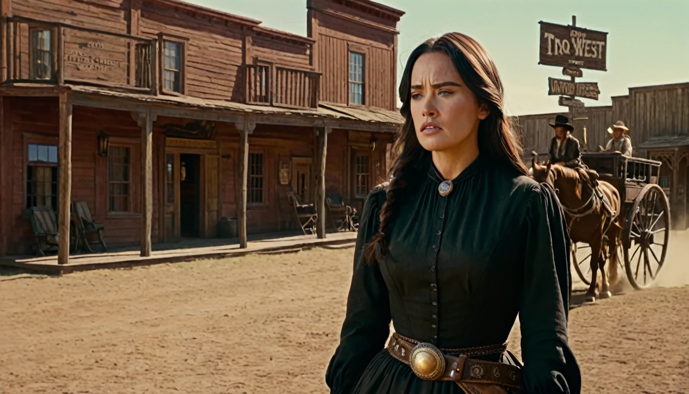 Create an image that illustrates this text: But she never allowed these doubts to dominate her for long. old West. high definition cinematic image.