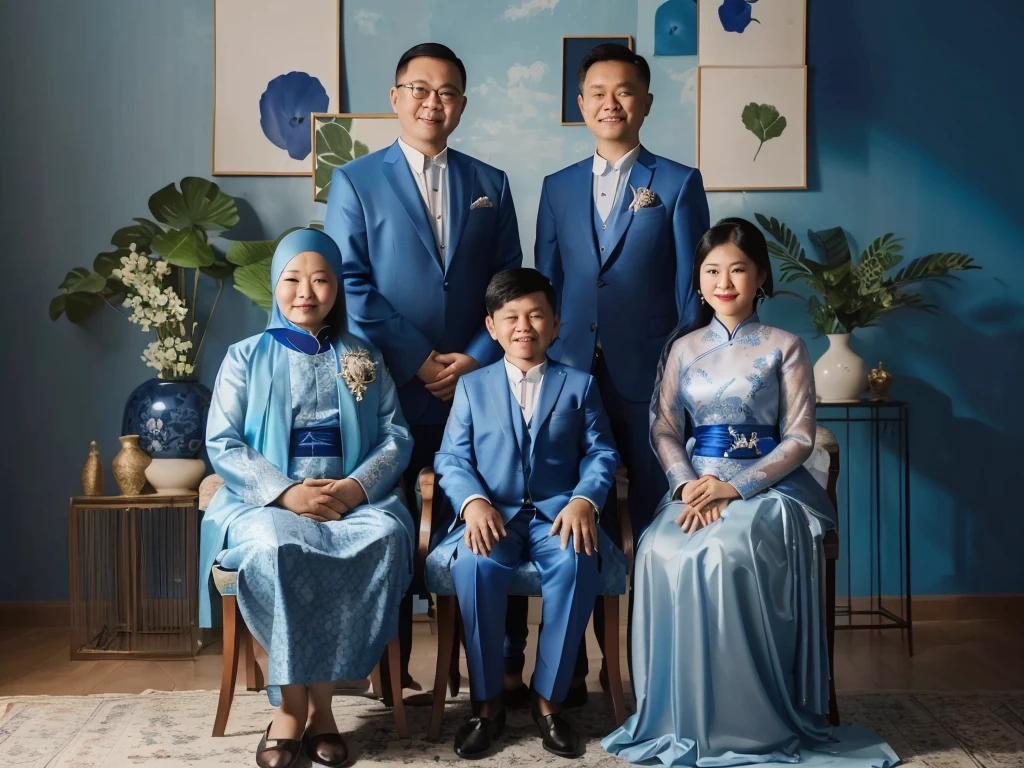 there are a group of people posing for a picture in a blue room, an indonesian family portrait, barong family, family portrait, full protrait, blue themed, potrait, traditional art, blue toned, formal attire, mid shot portrait, group portraits, by Basuki Abdullah, protrait, family photography, classic portrait, formal portrait, photo portrait, portrait shot