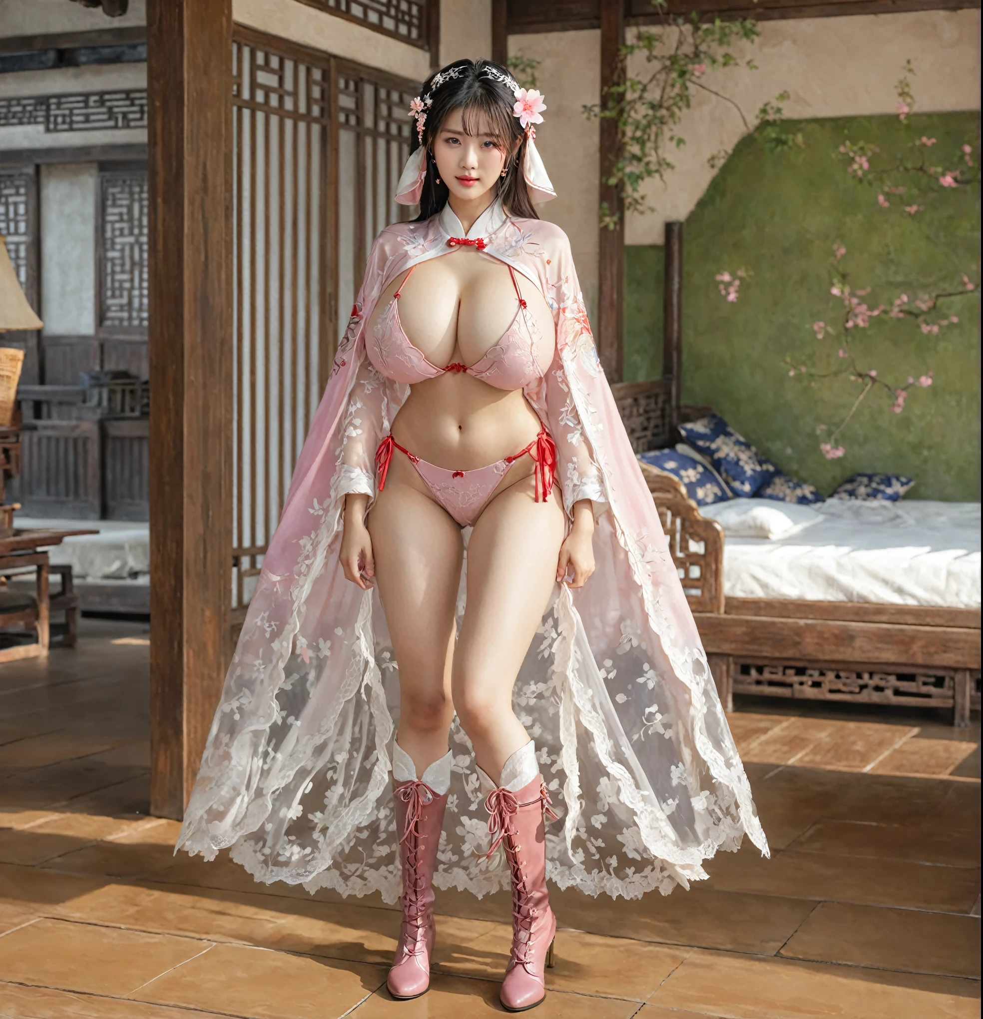 Chinese Hanfu beauty, short hair, Sexy red and white bikini underwear, Long-legged girl, Put on your boots, ,full body xianxia, Huge breasts，lewd expression, Strong sexual desire，High, Sexual thirst，Sexual need, fantasy服装, Transparent underwear, Lace underwear, nearly nude,披上长长pink cloak, pink cloak, Lace cape，穿着fantasy服装, Real 8000g，Impeccable，masterpiece，Professional artwork，masterpiece，Light，bloom，Perfect face，Pretty Face，fantasy，Wonderful and magical，not real，Intricate details，Beautiful pattern, sexual hunger, Strong sexual desire, 