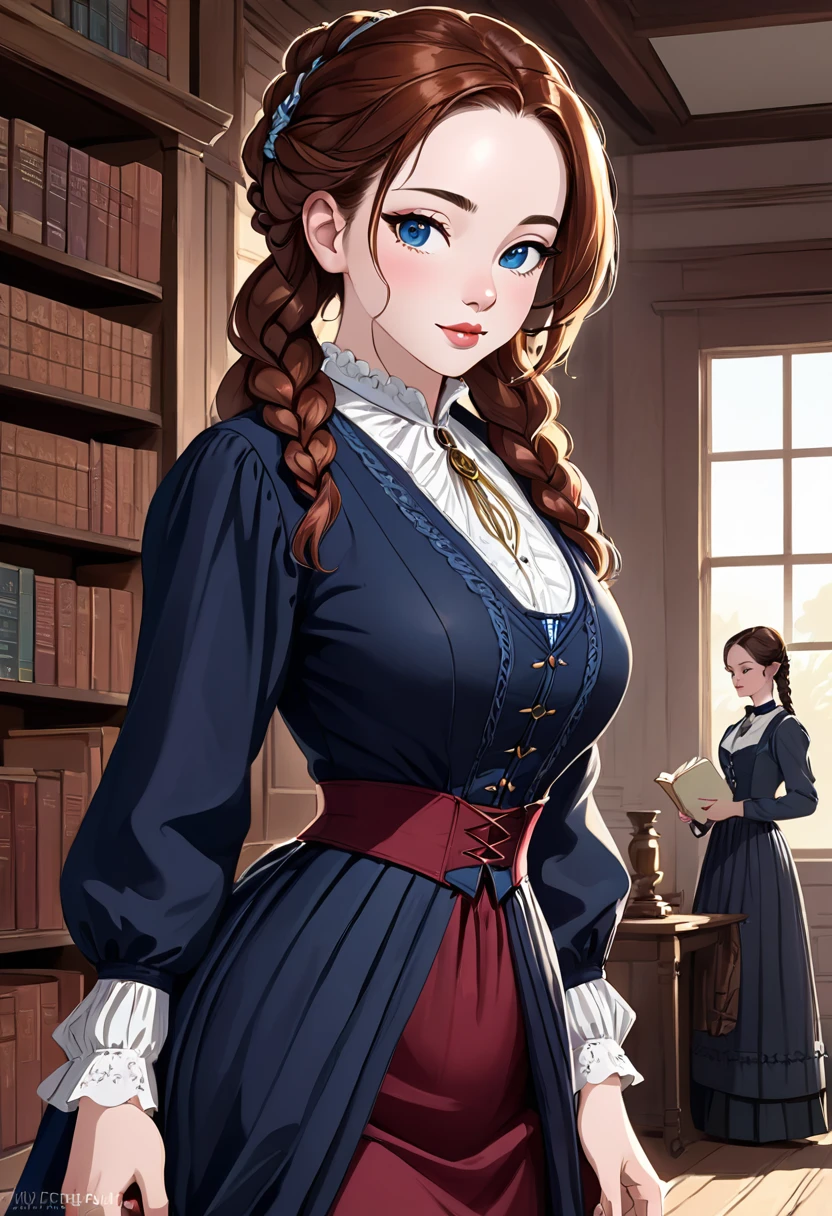 Beautiful Woman, Old West School Teacher, Full Lips, Auburn Hair Intricately But Loosely Braided. Deep_cleavage, Massive Chest. Detailed Beautiful Eyes, Pencil-Thin Waist, Wide Hips. Historically Accurate 1870s Old-West Frontier Dress. With Books. Gorgeous Smile, HourGlass Figure, Official Art, Award Winning Digital Painting, Digital Illustration, Extreme Detail, 4k, Ultra Hd, Rococo, Polished, Intricate, Realistic Fantasy Art, Sharp Focus, Concept Art, Art By Wlop, Artgerm, (2d Vector Illustration) Stunning Combination Anna Popplewell