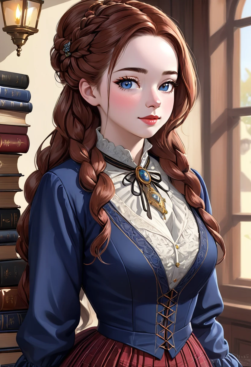Beautiful Woman, Old West School Teacher, Full Lips, Auburn Hair Intricately But Loosely Braided. Deep_cleavage, Massive Chest. Detailed Beautiful Eyes, Pencil-Thin Waist, Wide Hips. Historically Accurate 1870s Old-West Frontier Dress. With Books. Gorgeous Smile, HourGlass Figure, Official Art, Award Winning Digital Painting, Digital Illustration, Extreme Detail, 4k, Ultra Hd, Rococo, Polished, Intricate, Realistic Fantasy Art, Sharp Focus, Concept Art, Art By Wlop, Artgerm, (2d Vector Illustration) Stunning Combination Anna Popplewell