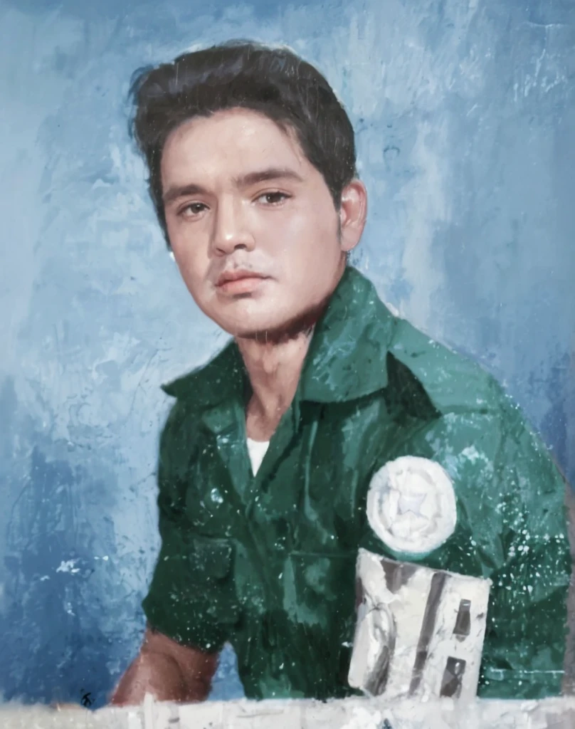 a painting of a boy in a green shirt, in uniform, healthcare worker, white uniform, in a soldier uniform, vietnam war soldier, in military uniform, luis nieves sr, nurse uniform, portrait of elvis presley, wearing a military uniform, fernando guerra, portrait of a soldier, wearing military uniform, salustiano garcia cruz, bright uniform background