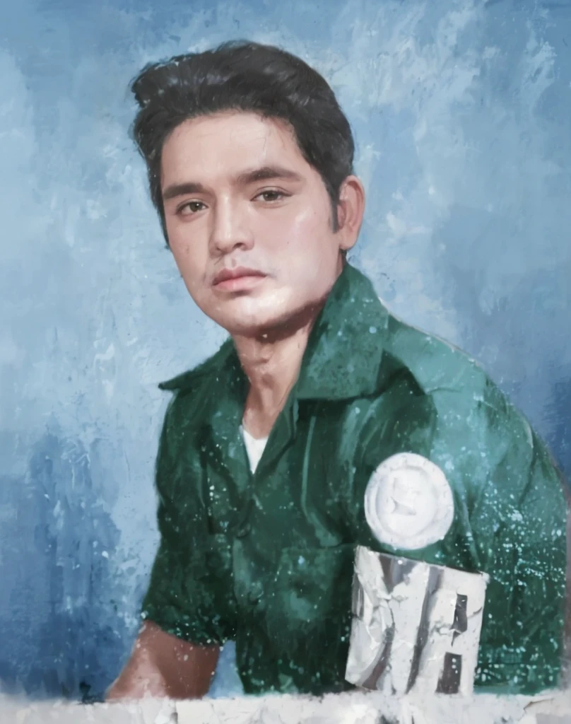 a painting of a boy in a green shirt, in uniform, healthcare worker, white uniform, in a soldier uniform, vietnam war soldier, in military uniform, luis nieves sr, nurse uniform, portrait of elvis presley, wearing a military uniform, fernando guerra, portrait of a soldier, wearing military uniform, salustiano garcia cruz, bright uniform background