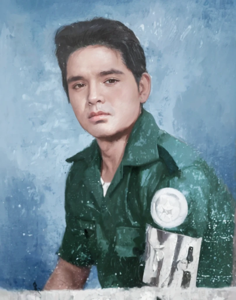 a painting of a boy in a green shirt, in uniform, healthcare worker, white uniform, in a soldier uniform, vietnam war soldier, in military uniform, luis nieves sr, nurse uniform, portrait of elvis presley, wearing a military uniform, fernando guerra, portrait of a soldier, wearing military uniform, salustiano garcia cruz, bright uniform background