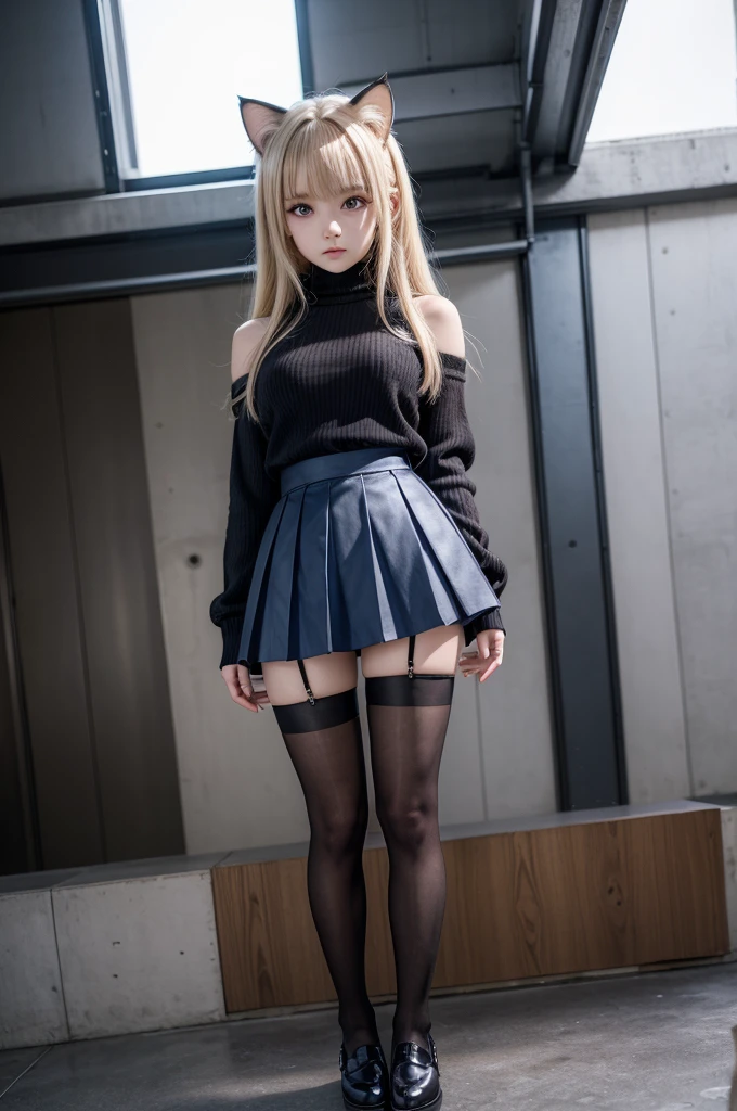 necoarc
blonde hair, cat ears
red eyes, slit pupils
chibi, :3
turtleneck, blue skirt, pleated skirt, pantyhose, brown footwear