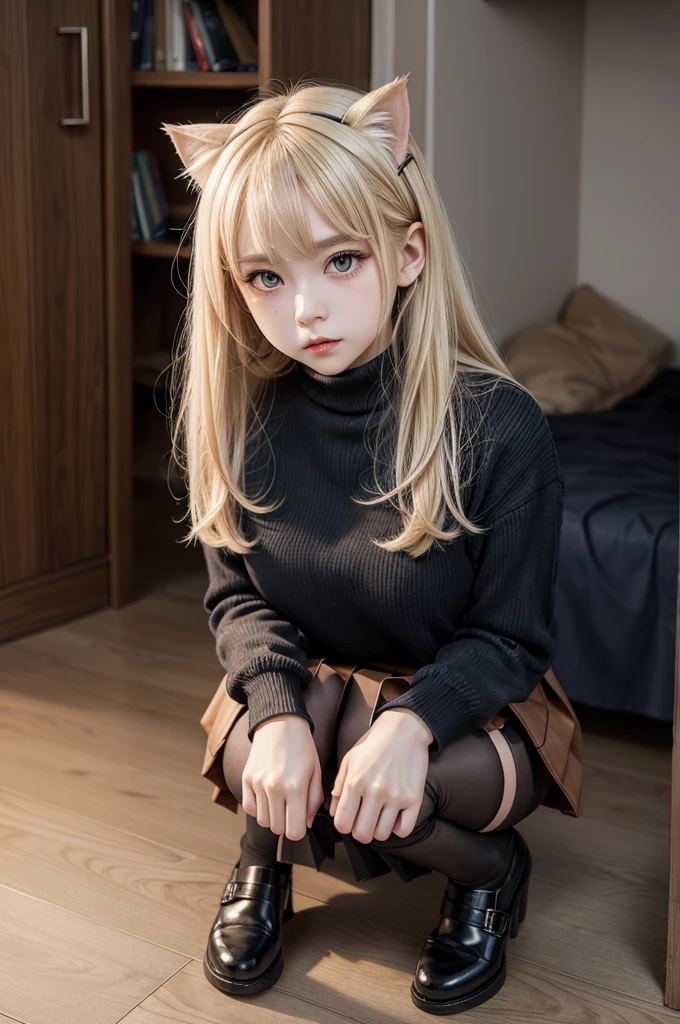 necoarc
blonde hair, cat ears
red eyes, slit pupils
chibi, :3
turtleneck, blue skirt, pleated skirt, pantyhose, brown footwear