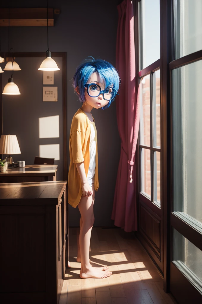 Solo, 1 girl, masterpiece, best quality, (Sadness_InsideOut , black-framed eyewear, glasses, sadness ), colored glowing spheres, pixar, cartoon, 3d render, sfw, nude body, naked, chubby, small breasts, blue skin, midget, short blue hair, looking on viewer, sitting, spread legs, pussy, pussy juice, orgasm, cum on cheeks