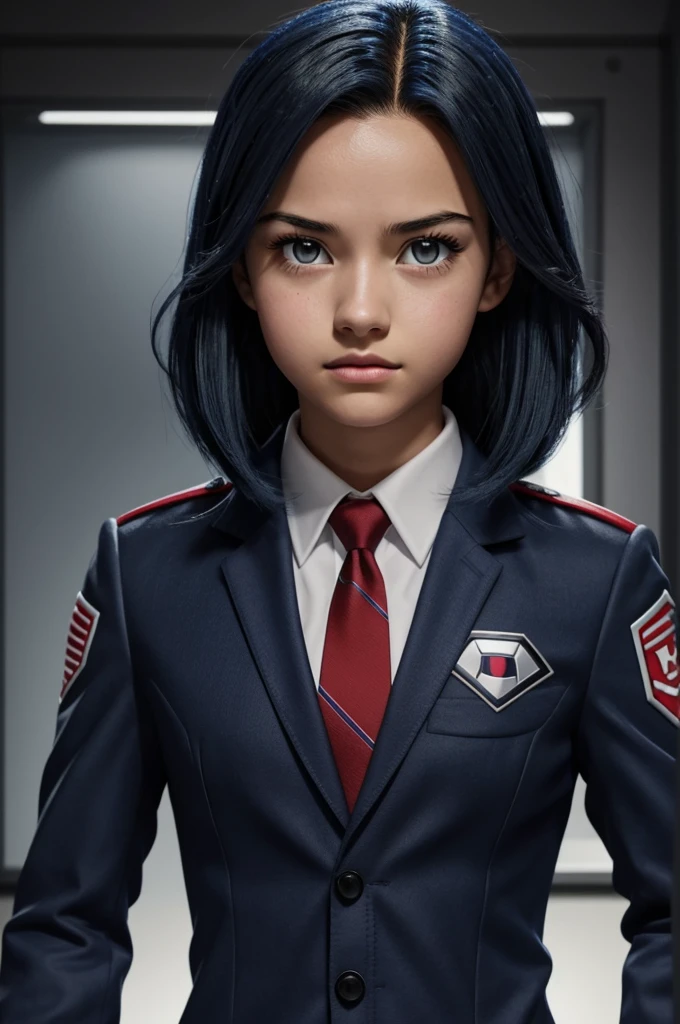 Screenshot of My Hero Academia,
A 15 year old girl, dark blue hair,
long straight,
bright Eyes,
pompous lips,
with a diamond mark from which light comes out on his forehead. He wears the UA uniform,
gray jacket and red tie, remote possibility,
in a class screenshot from Bones Studios