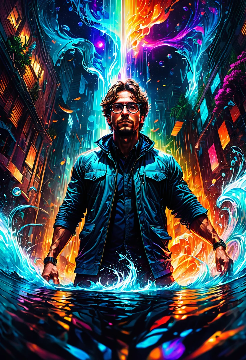 Wearing Glasses, full body, by dan mumford, dramatic composition, cinematic dynamic action scene, vibrant colors, cinematic lighting, dramatic lighting, best quality, masterpiece, very aesthetic, perfect composition, intricate details, ultra-detailed
