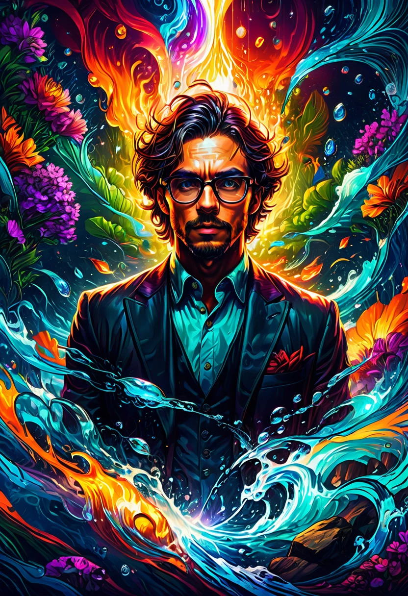 Wearing Glasses, full body, by dan mumford, dramatic composition, cinematic dynamic action scene, vibrant colors, cinematic lighting, dramatic lighting, best quality, masterpiece, very aesthetic, perfect composition, intricate details, ultra-detailed