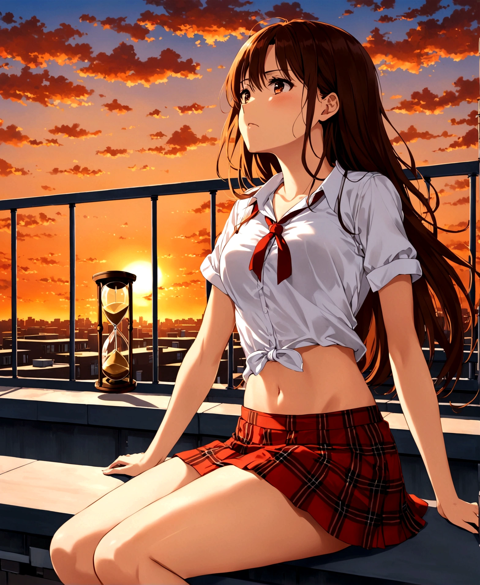 On the rooftop, school, bars, hand on the bars, serious, angry, crying, on her back, focus on her back, gazing at the sky, sunset, , plaid miniskirt, white blouse, short sleeve blouse, long hair, small waist, medium hips, hourglass body, athletic body, medium breasts,