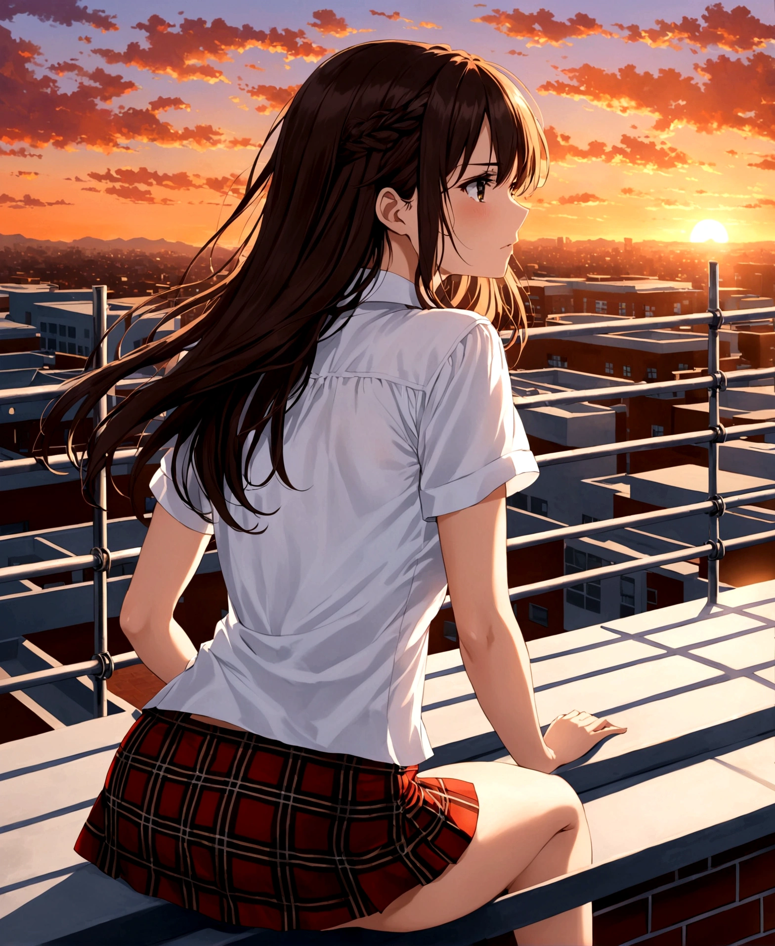 On the rooftop, school, bars, hand on the bars, serious, angry, crying, on her back, focus on her back, gazing at the sky, sunset, , plaid miniskirt, white blouse, short sleeve blouse, long hair, small waist, medium hips, hourglass body, athletic body, medium breasts,