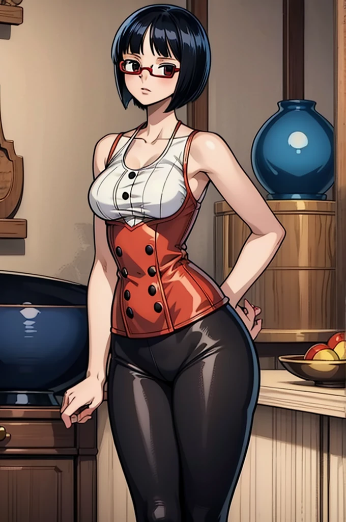 1 female, One piece art style, short girl, realistic lips, hourglass figure, leggings, bowl cut, black hair arms, hourglass figure, white eyes, red glasses, in an apartment, sigh, best quality.