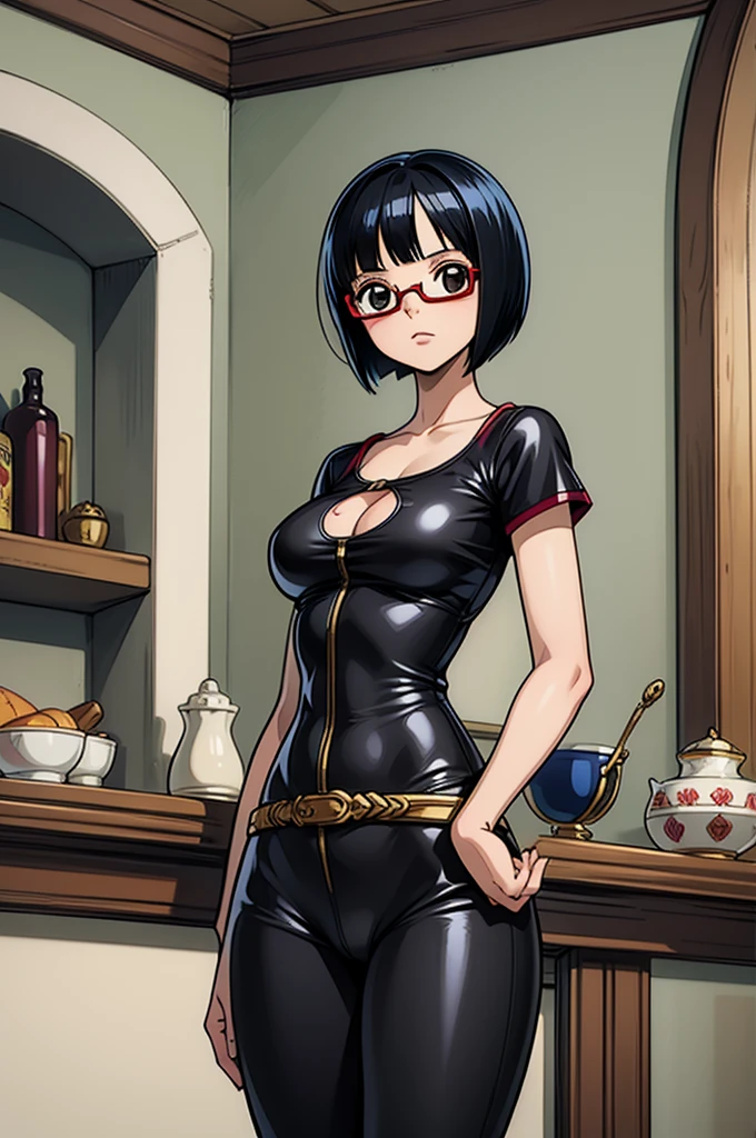 1 female, One piece art style, short girl, realistic lips, hourglass figure, leggings, bowl cut, black hair arms, hourglass figure, white eyes, red glasses, in an apartment, sigh, best quality.