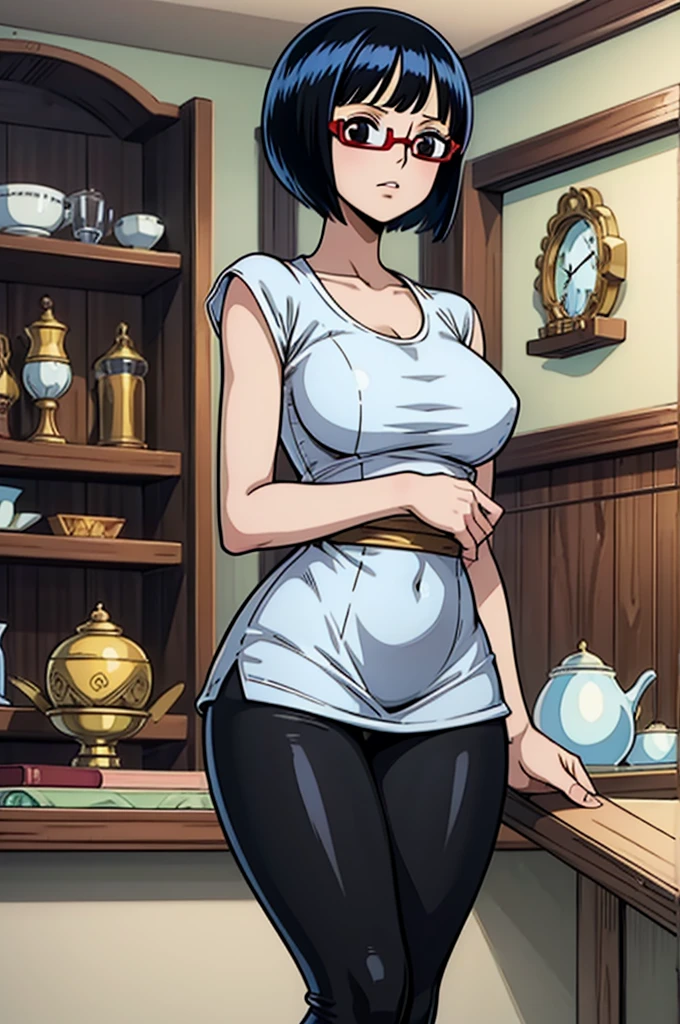 1 female, One piece art style, short girl, realistic lips, hourglass figure, leggings, bowl cut, black hair arms, hourglass figure, white eyes, red glasses, in an apartment, sigh, best quality.