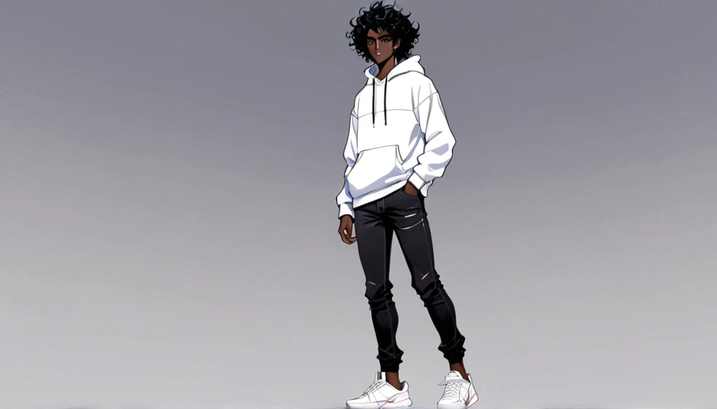 anime art style, dark elf, African skin, black hair, Curly hair, long hair, black eyes, ((man)), athletic body, Black jeans, white sweatshirt, hands in pockets and gradient sneakers, full body