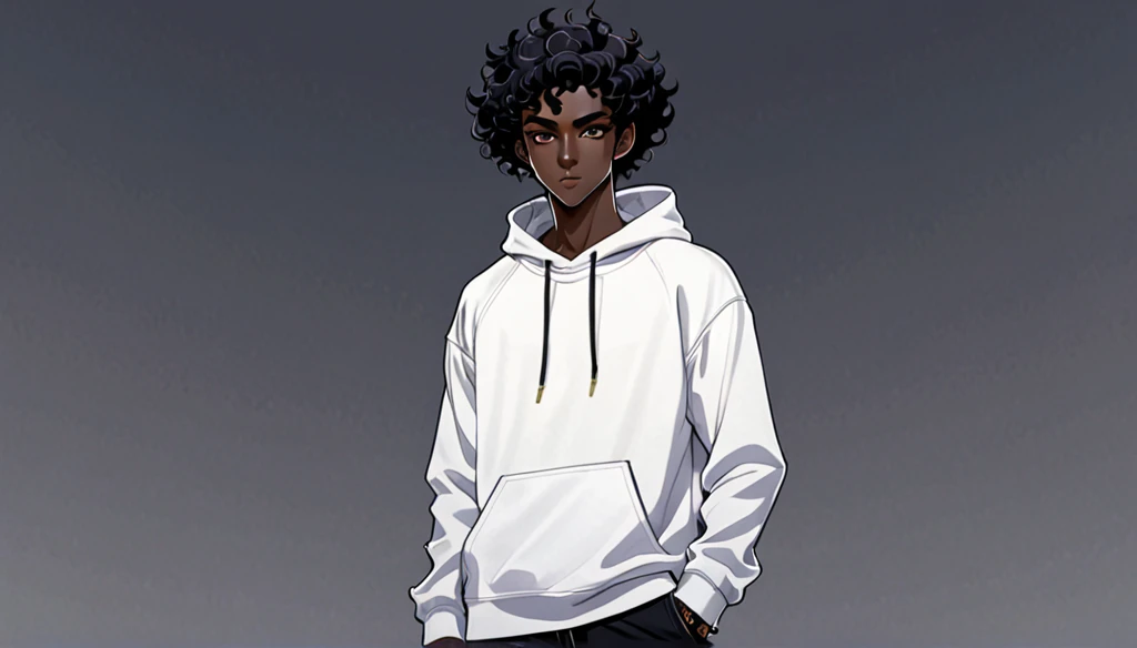 anime art style, dark elf, African skin, black hair, Curly hair, long hair, black eyes, ((man)), athletic body, Black jeans, white sweatshirt, hands in pockets and gradient sneakers, full body