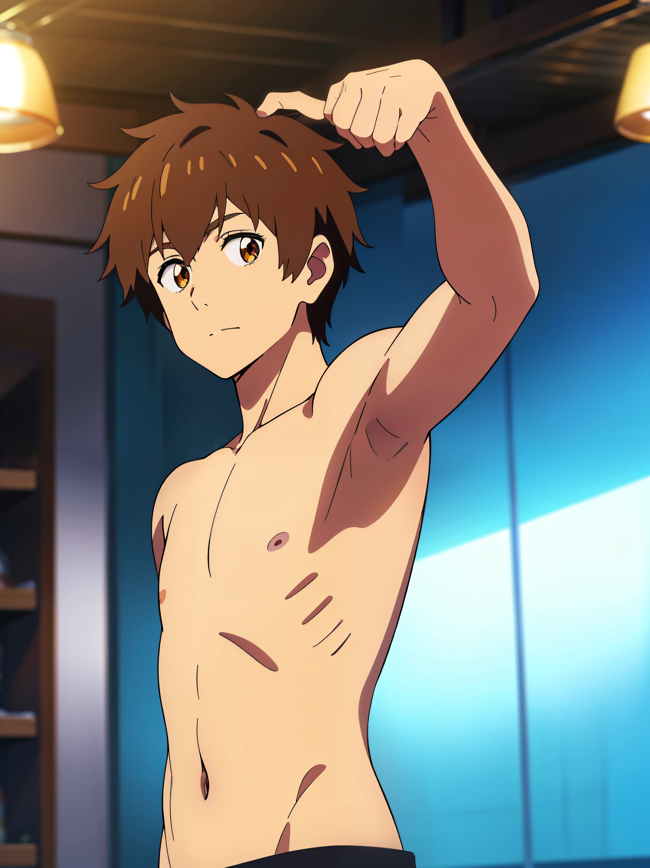 shinkai makoto, kimi no na wa, Highres, Masterpiece, Best quality at best,Best Quality,hight quality, hight detailed, Anime style, 1boy, Shota, young boy, Tachibana taki, Solo person, brown hair, Shirtless, topless, Seen from the front, look at viewer, Upper body, Navel, (Very young boy), (Very small and short body), **-****-*** boys, (Showing armpit:1.3), Such a cute smooth armpit, cute armpit, The armpits of a *********** boy, Adorable little armpits, blurry beckground, hansome boy, Uhd, bokeh